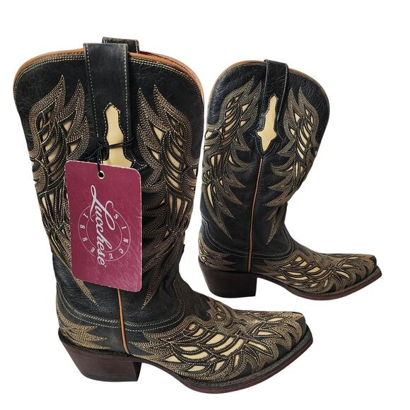 Lucchese Western Boots Womens Size 6B Hillsboro Lazer Design Snip Toe Black - Picture 1 of 14